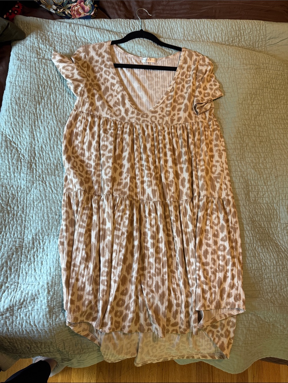 Tiered V-Neck Leopard Tunic Dress - Taupe/White